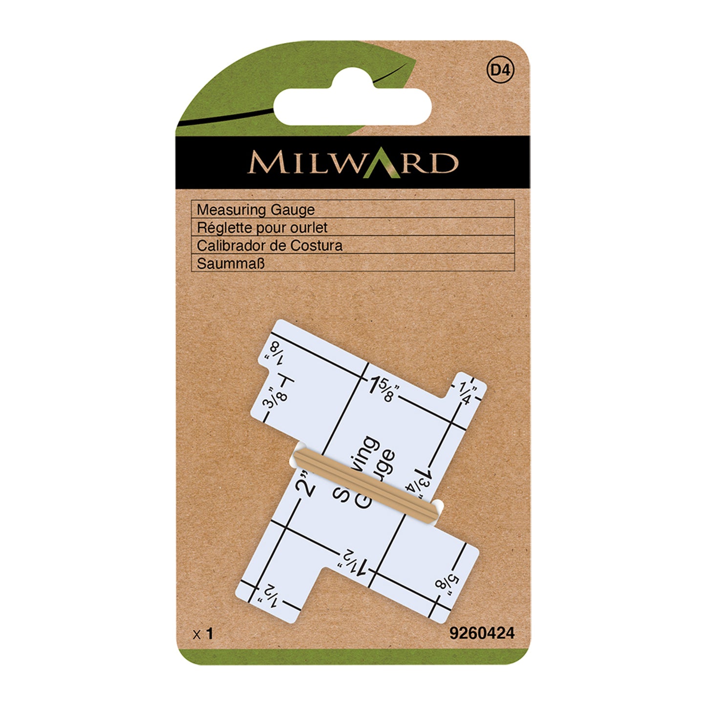 Measuring gauge on a Milward packaging with a brown backing