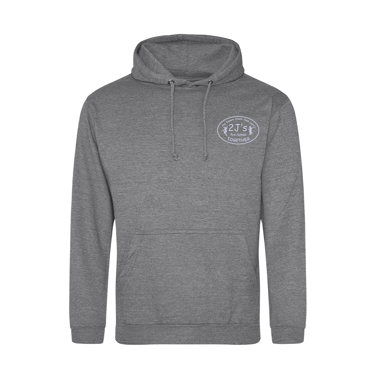 A heather gray pullover hoodie with a drawstring hood and a kangaroo pocket, featuring a small oval white logo
