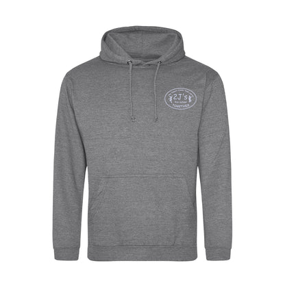 A heather gray pullover hoodie with a drawstring hood and a kangaroo pocket, featuring a small oval white logo
