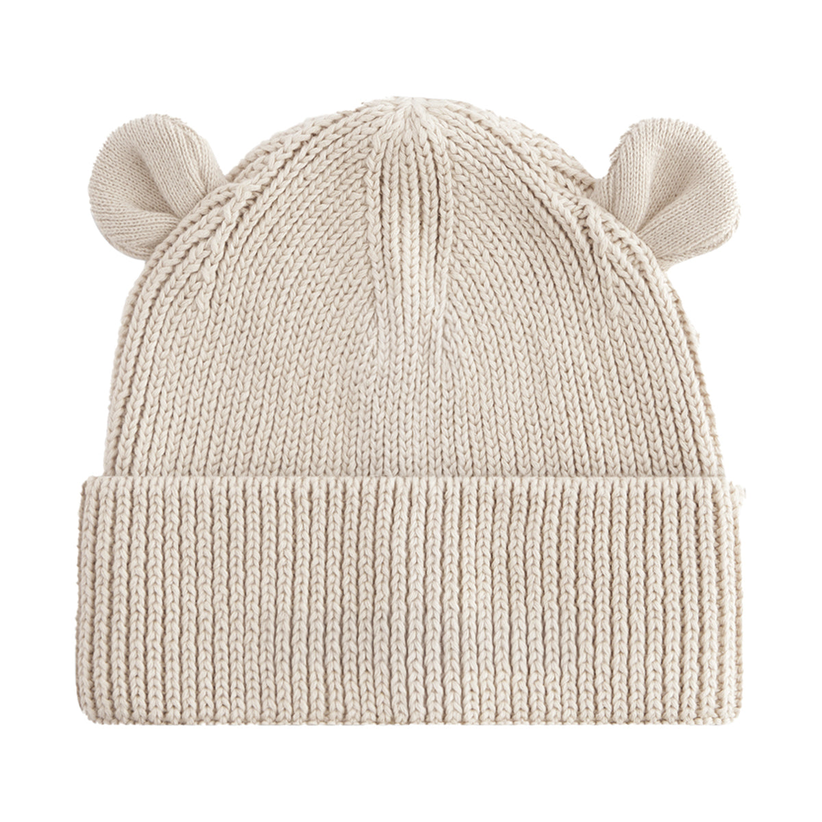 A cream-colored ribbed knit beanie hat with small bear ears on top, shown against a plain white background.