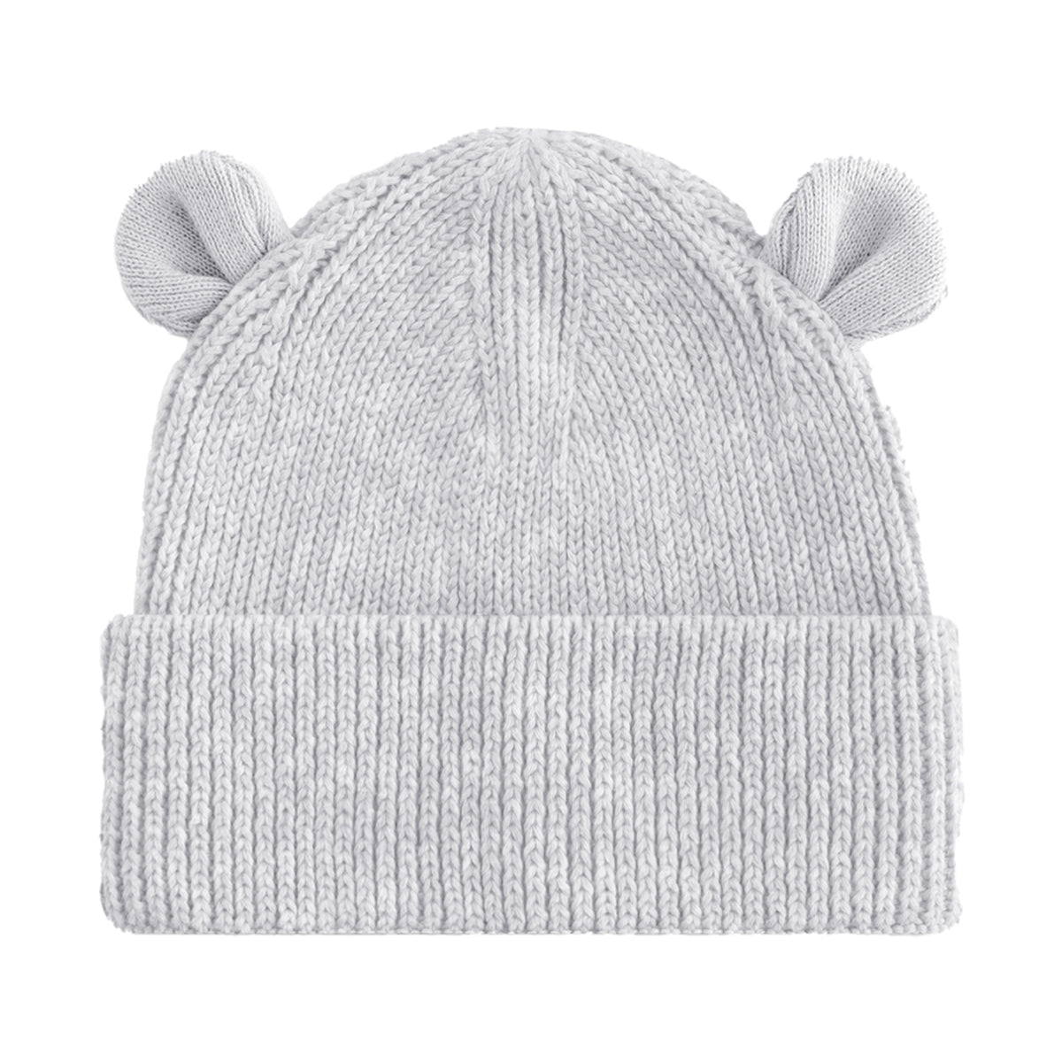 A light gray ribbed knit beanie hat with small rounded bear ears on top, shown against a plain white background.