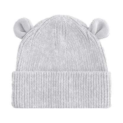 A light gray ribbed knit beanie hat with small rounded bear ears on top, shown against a plain white background.