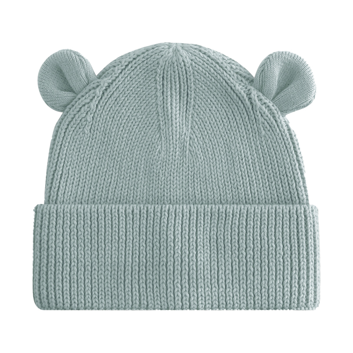 A light sage green knit beanie hat with two small bear ears on top, shown against a plain white background.