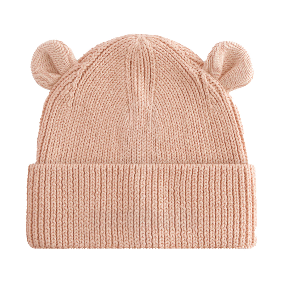 A light peach-pink ribbed knit baby beanie hat with small bear ears on top, shown against a plain white background.