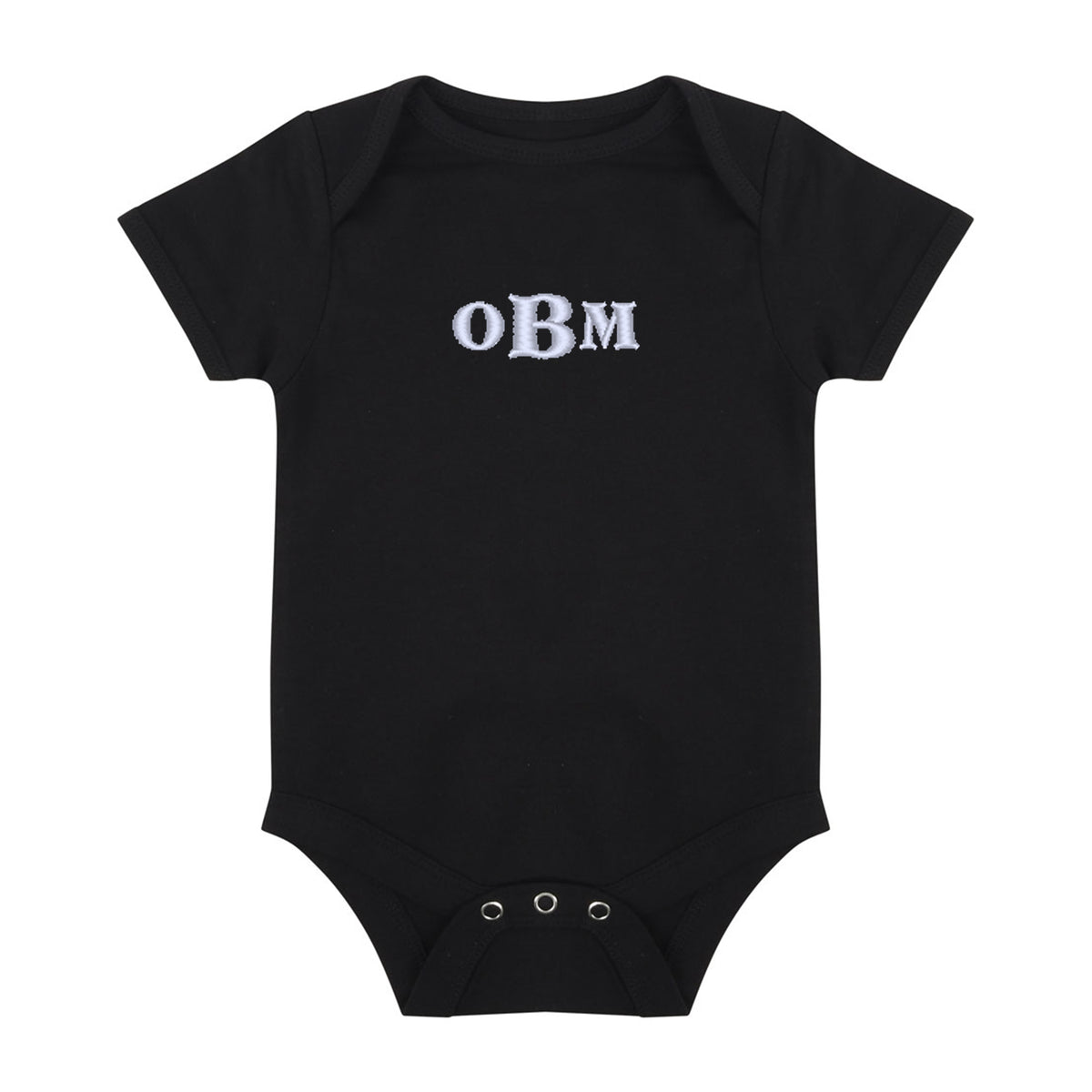 black baby bodysuit with white embroidered monogram