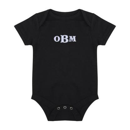 black baby bodysuit with white embroidered monogram