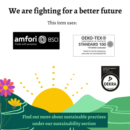Sustainability certification logos with a scenic background and text about fighting for a better future.