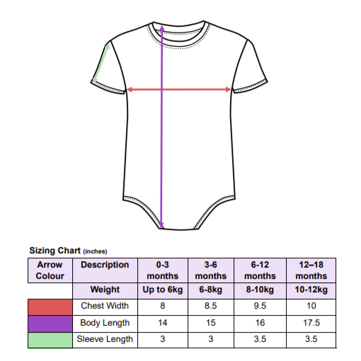 Sizing chart for a baby onesie with measurements in inches.