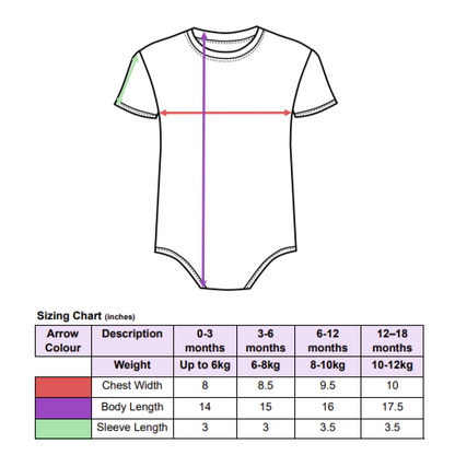 Sizing chart for a baby onesie with measurements in inches.