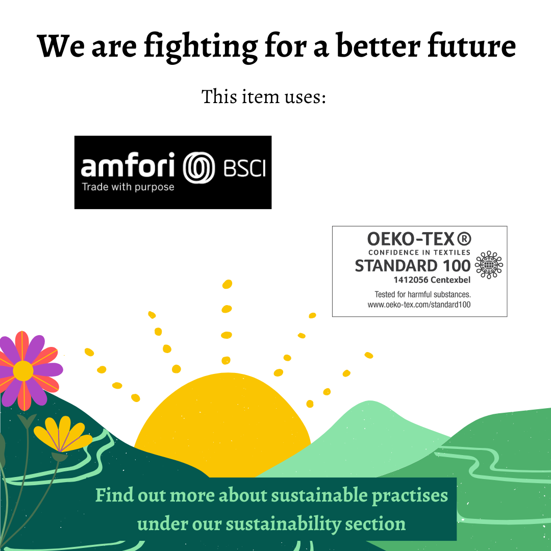Sustainability certification logos with a scenic background and text about fighting for a better future.
