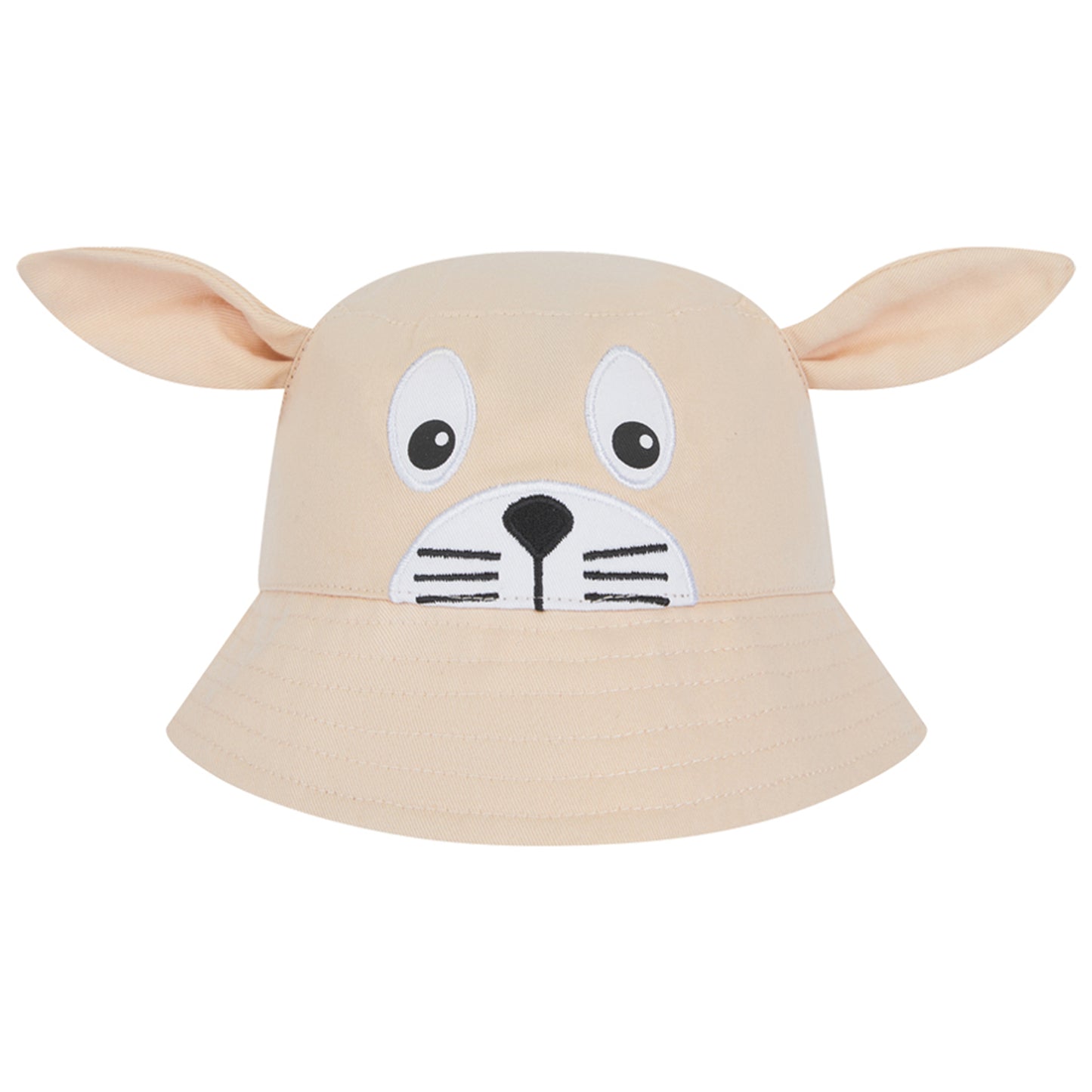 Beige bucket hat with animal face design on a white background