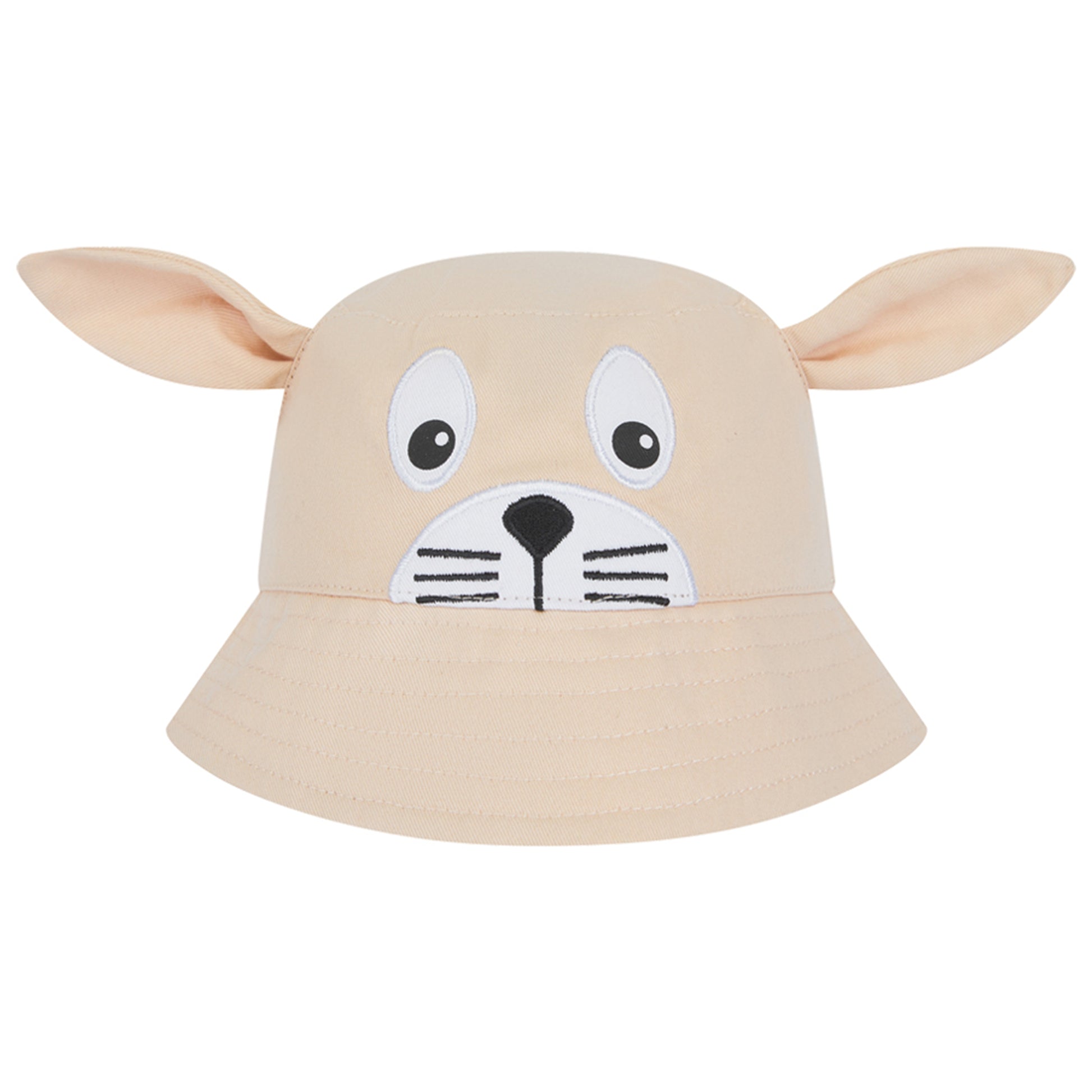 Beige bucket hat with animal face design on a white background