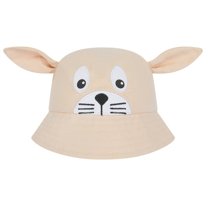 Beige bucket hat with animal face design on a white background