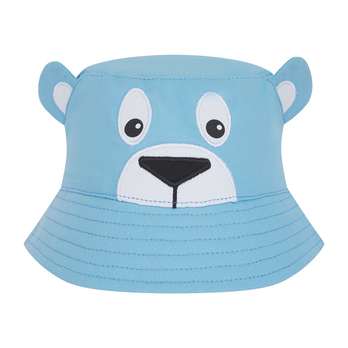 Blue bucket hat with bear face design on a white background