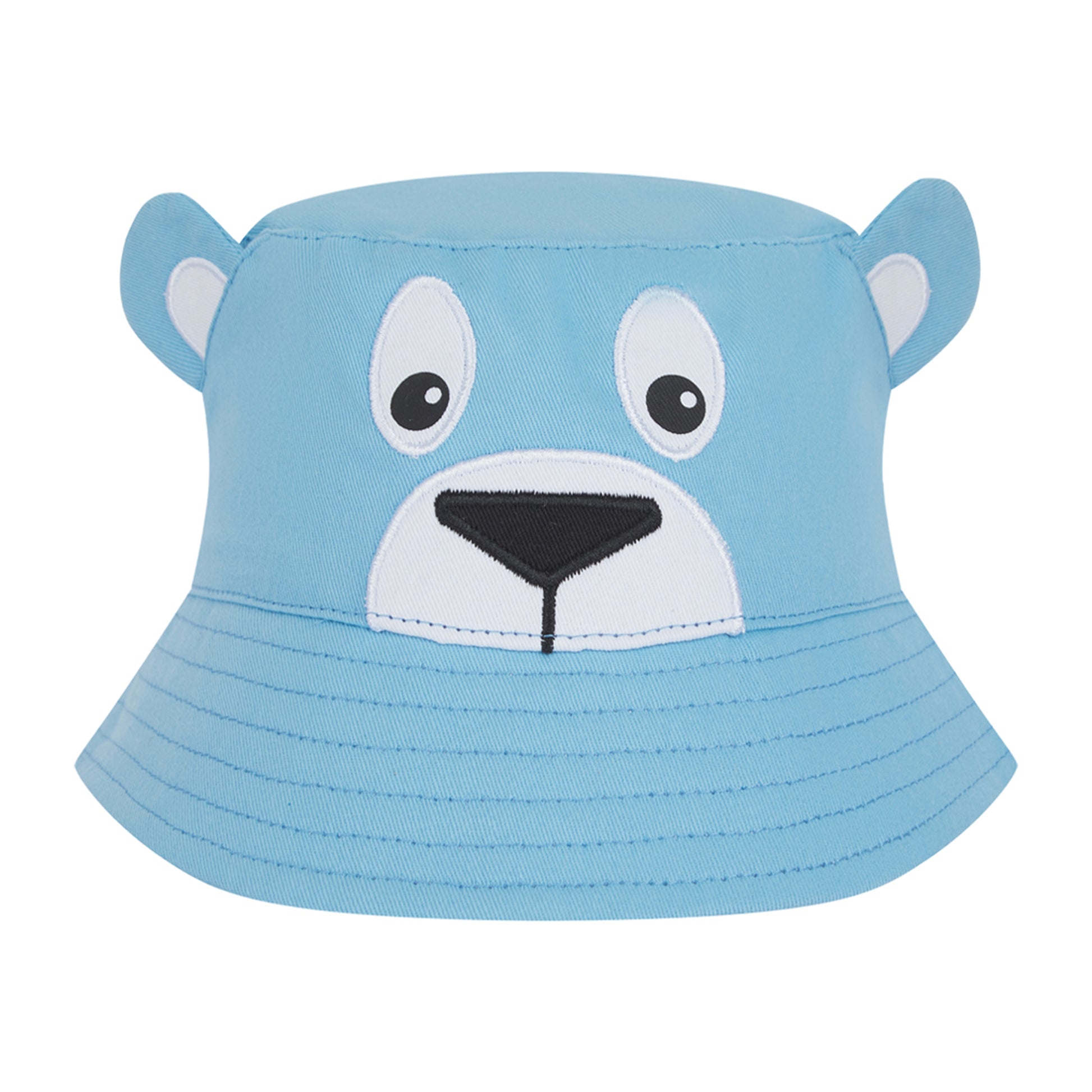 Blue bucket hat with bear face design on a white background