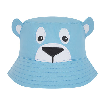 Blue bucket hat with bear face design on a white background