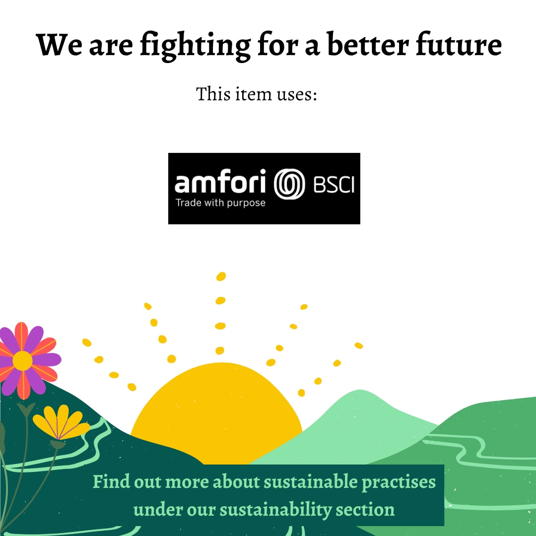 Sustainability-themed graphic with 'amfori BSCI' logo and nature elements on a white background.