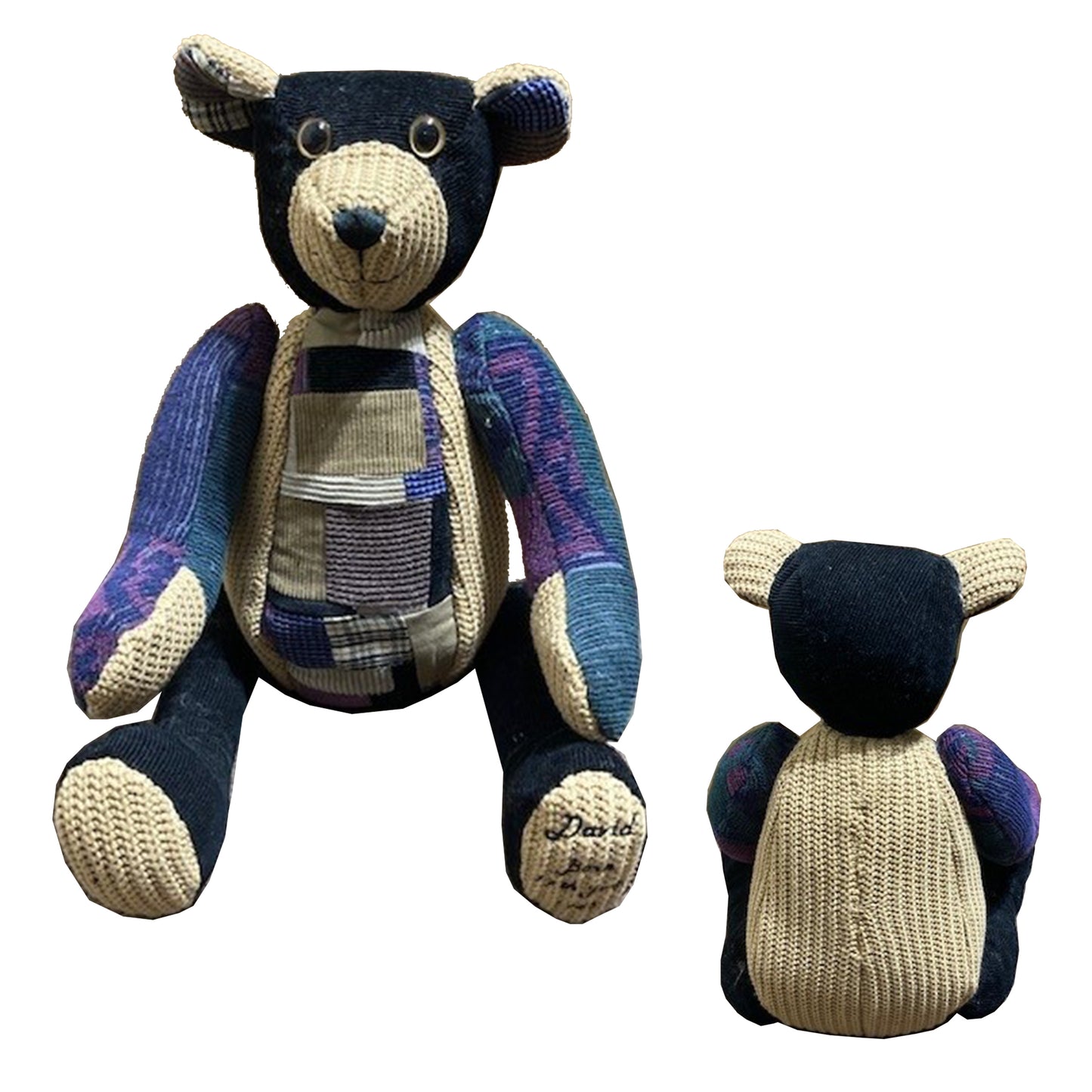 Knitted teddy bear with plaid pattern, handmade memory bear