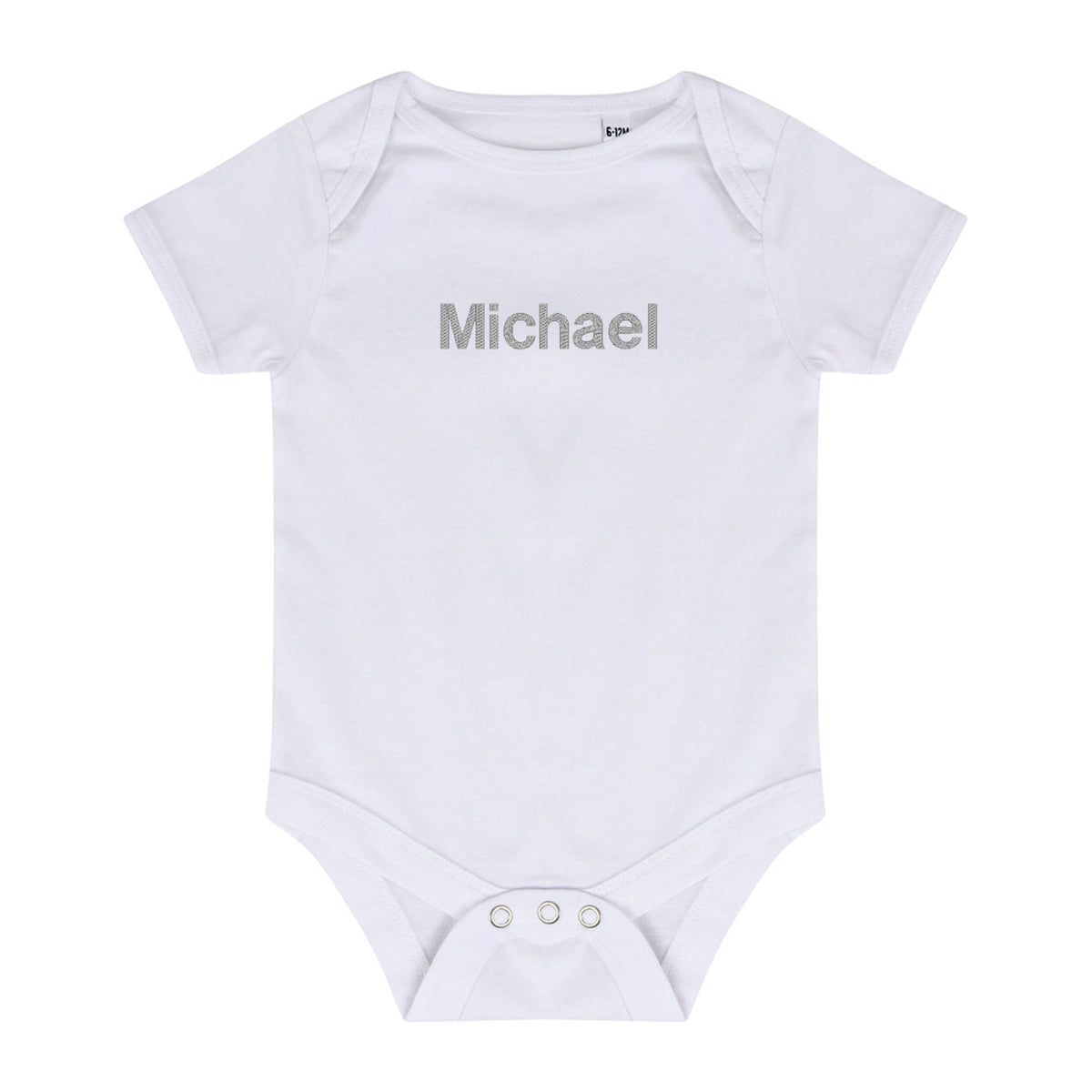 white baby bodysuit with silver embroidered name 