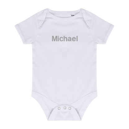 white baby bodysuit with silver embroidered name 