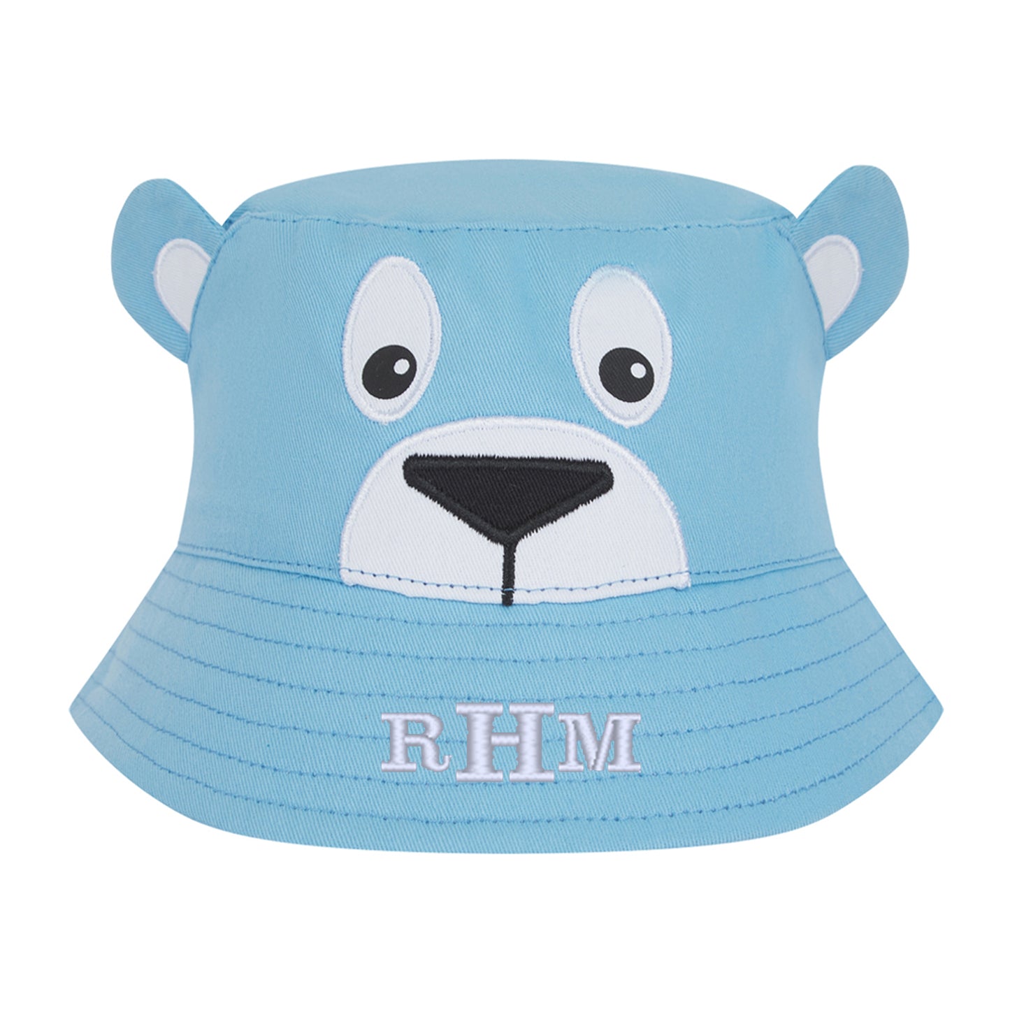 Blue children's bucket hat with bear face design and 'RHM' initials on a white background
