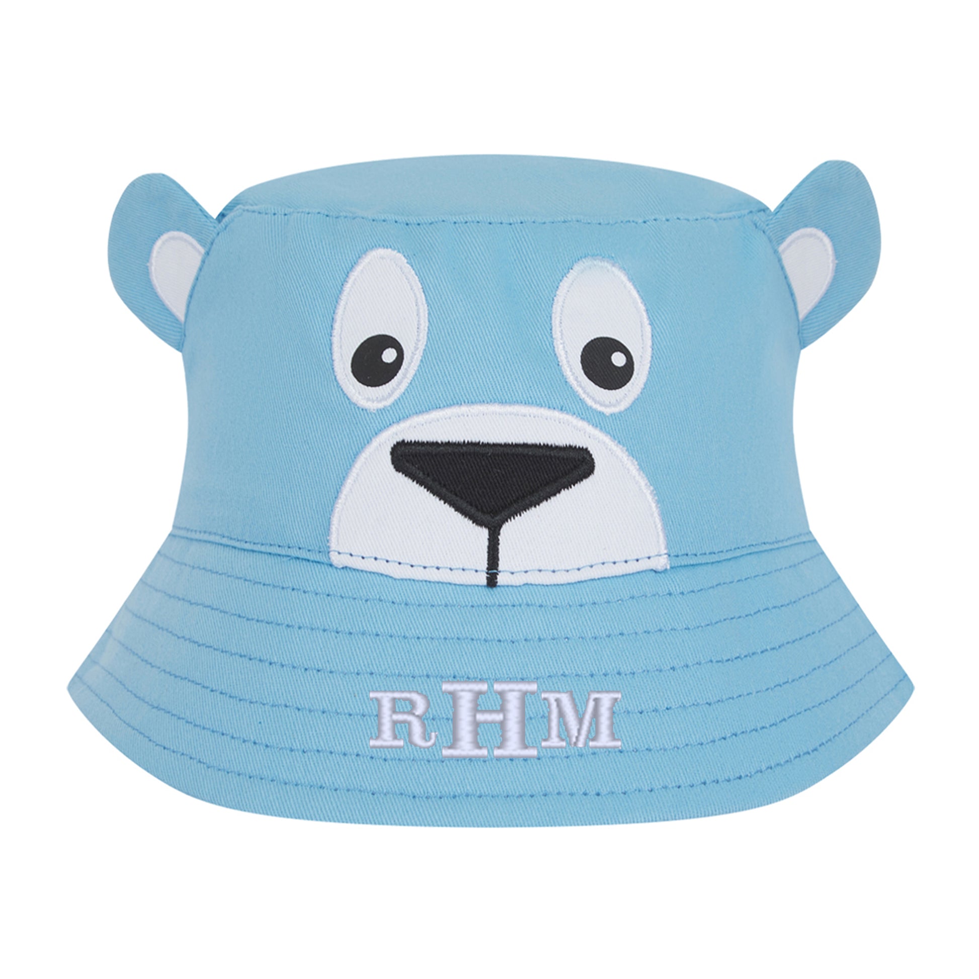 Blue children's bucket hat with bear face design and 'RHM' initials on a white background