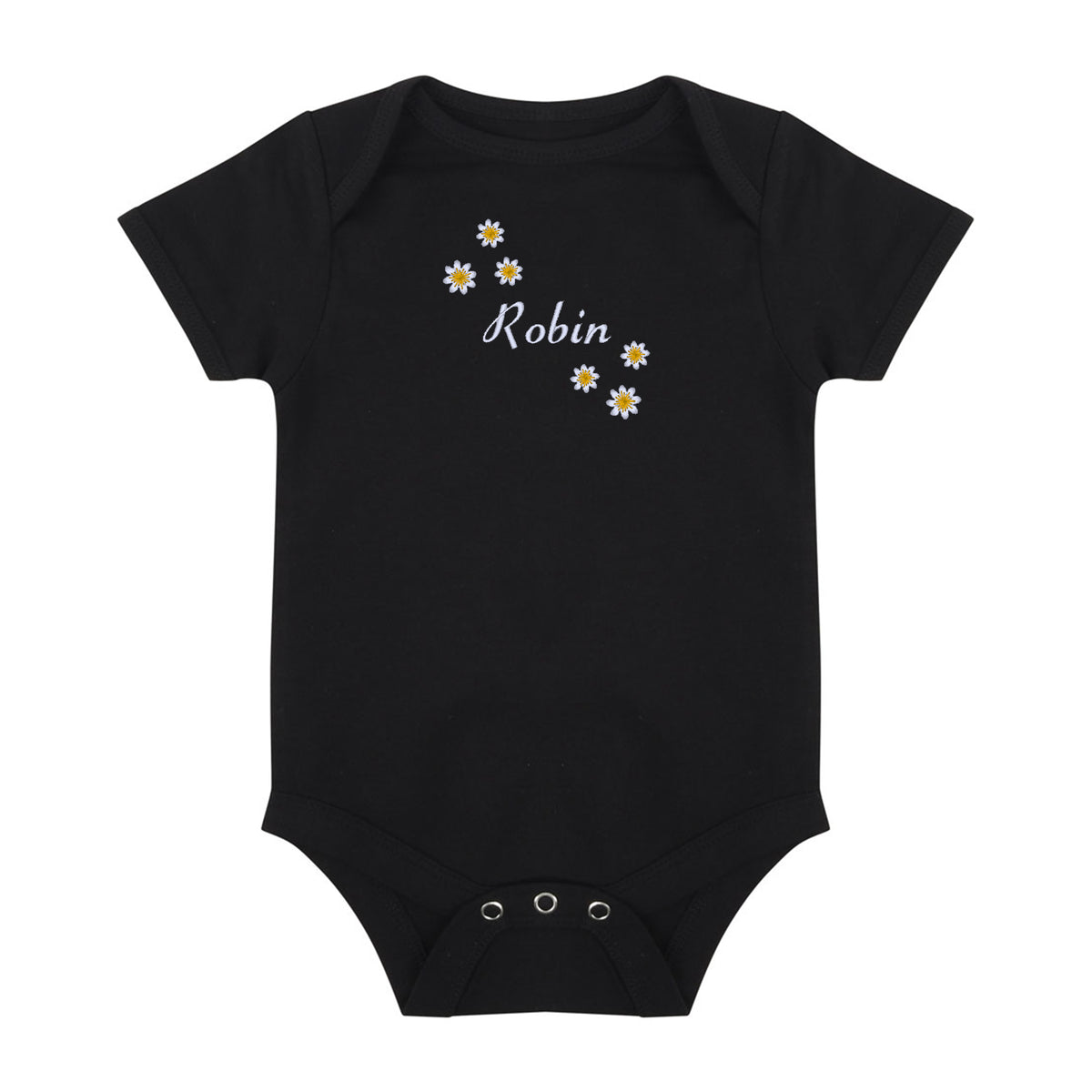 A black short-sleeve baby bodysuit with a personalized name 'Robin' in white script and small white daisy flowers on the chest, displayed on a solid white background.