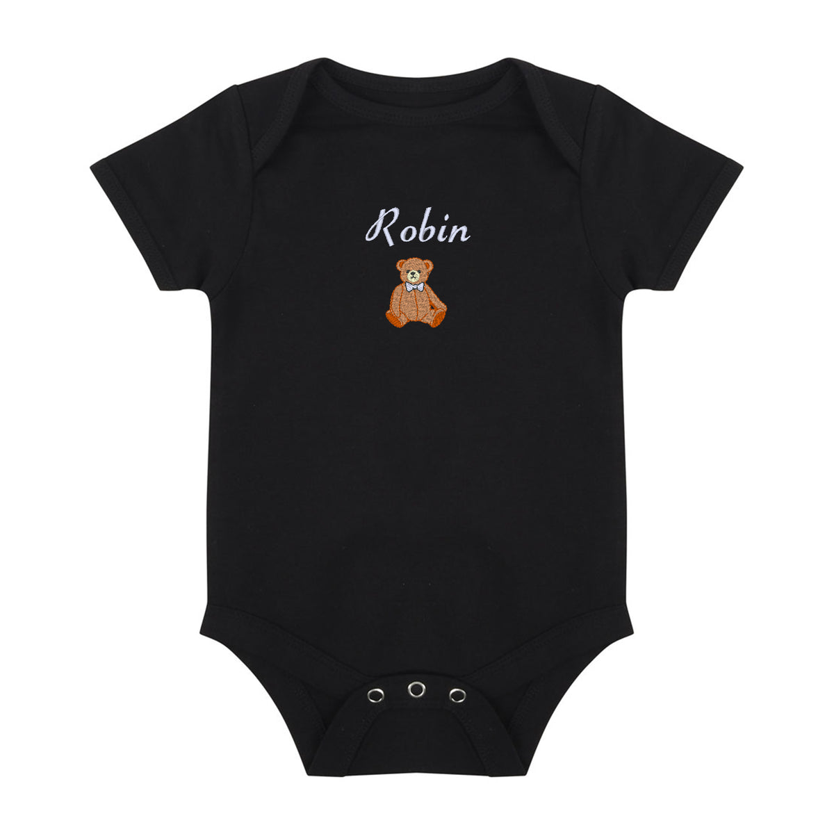 A black short-sleeve baby bodysuit with 'Robin' written in white script above a small brown teddy bear graphic on the chest, shown on a plain white background.