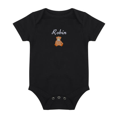 A black short-sleeve baby bodysuit with 'Robin' written in white script above a small brown teddy bear graphic on the chest, shown on a plain white background.