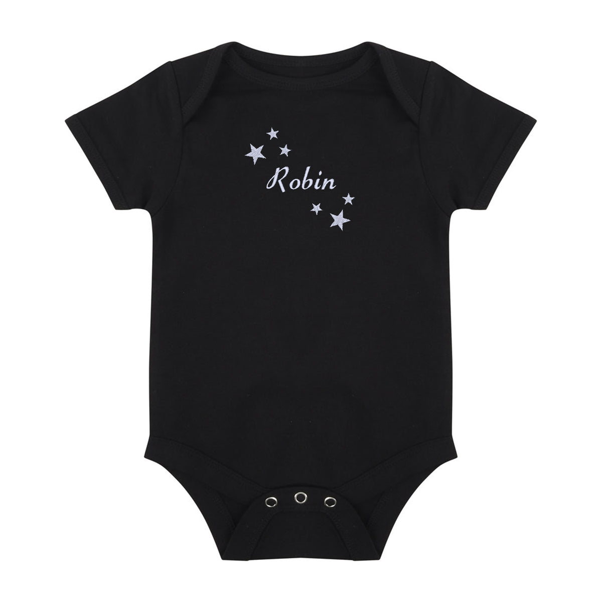A black short-sleeve baby bodysuit with the name 'Robin' and small white stars embroidered on the chest, displayed flat against a solid white background.