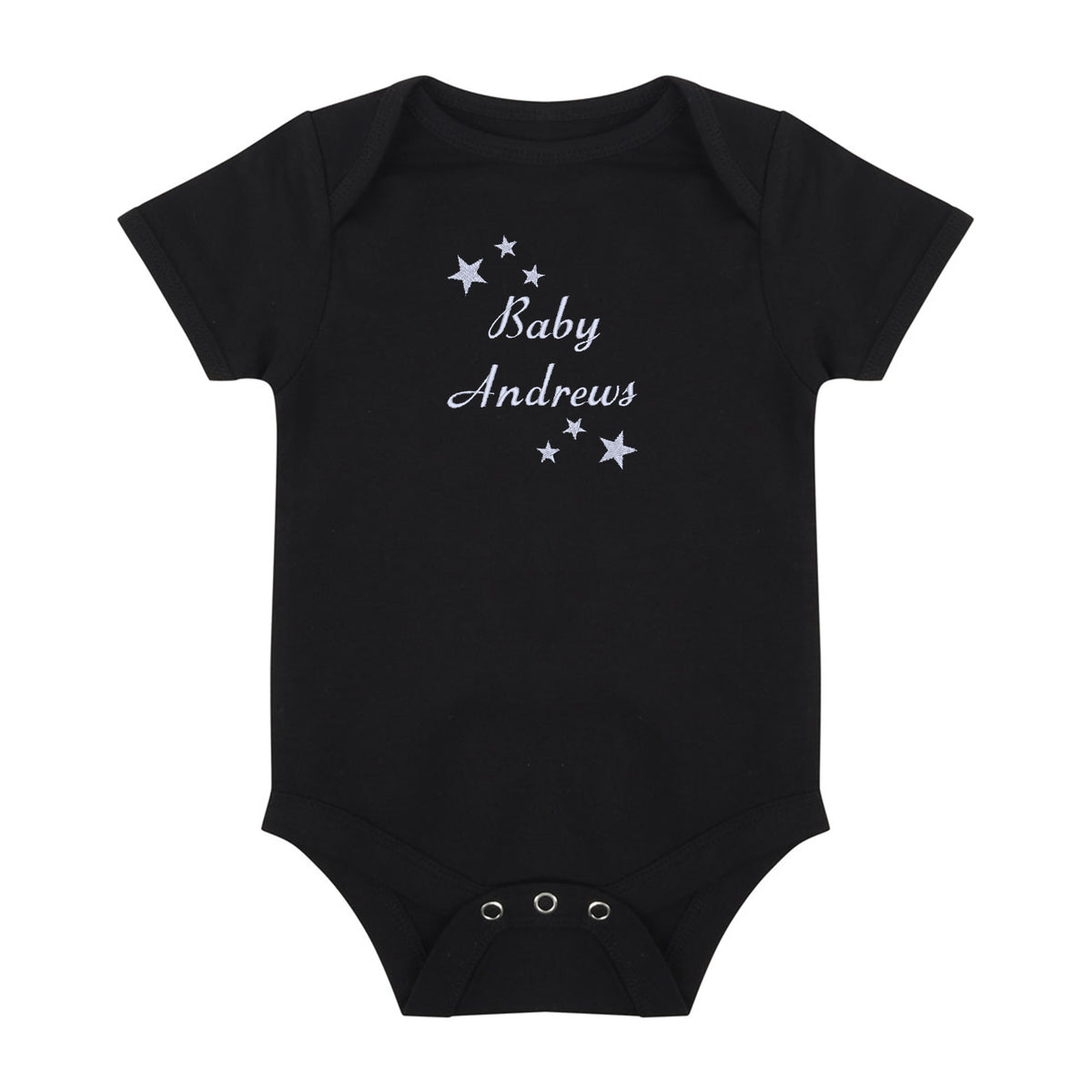 A black short-sleeve baby bodysuit with 'Baby Andrews' and small stars embroidered in white on the chest, displayed flat against a white background.