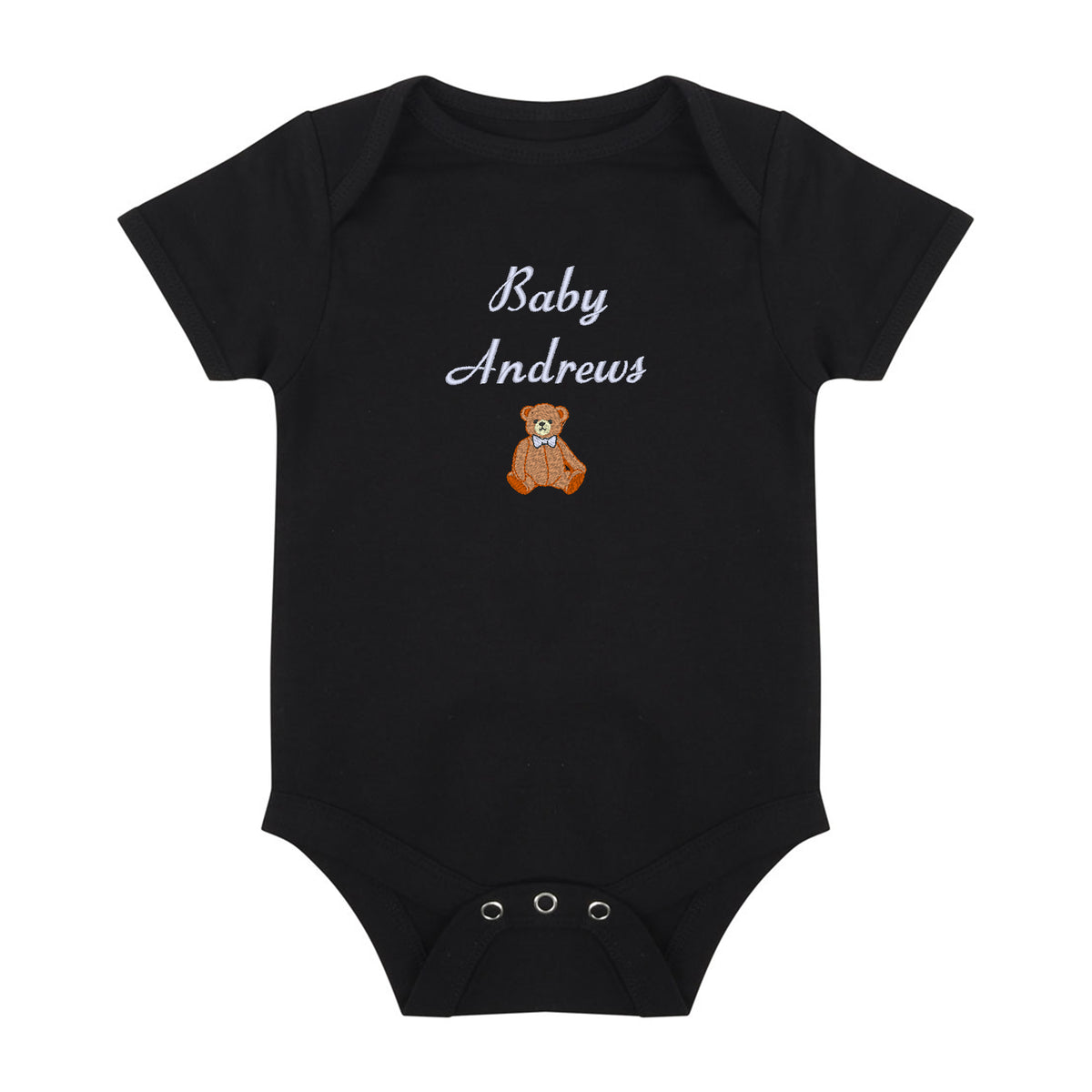A black short-sleeve baby bodysuit with 'Baby Andrews' embroidered in white script above a small brown teddy bear graphic, shown on a plain white background.