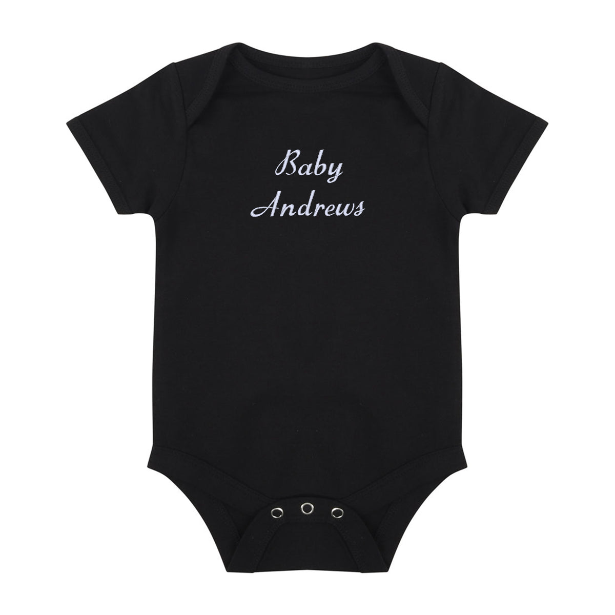 A black short-sleeve baby bodysuit with 'Baby Andrews' embroidered in white cursive text on the chest, displayed flat against a solid white background.