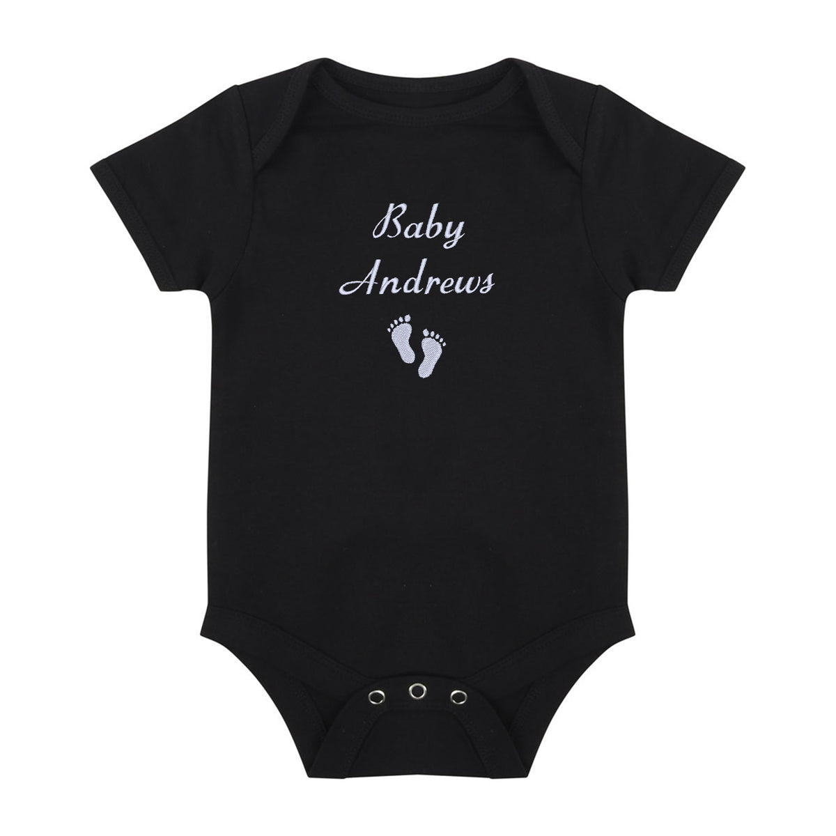A black short-sleeve baby bodysuit with 'Baby Andrews' and baby footprints embroidered in white on the chest, displayed on a solid white background.