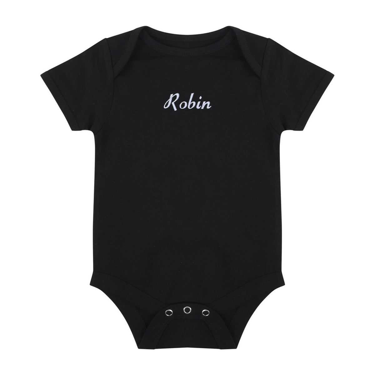 A black short-sleeve baby bodysuit with the name 'Robin' embroidered in white cursive script across the chest, displayed flat against a solid white background.