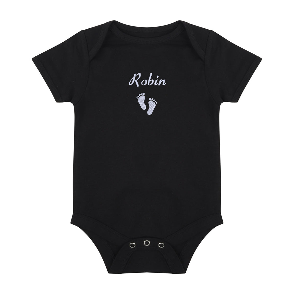 A black short-sleeve baby bodysuit with 'Robin' and baby footprints embroidered in white on the chest, displayed flat against a white background.