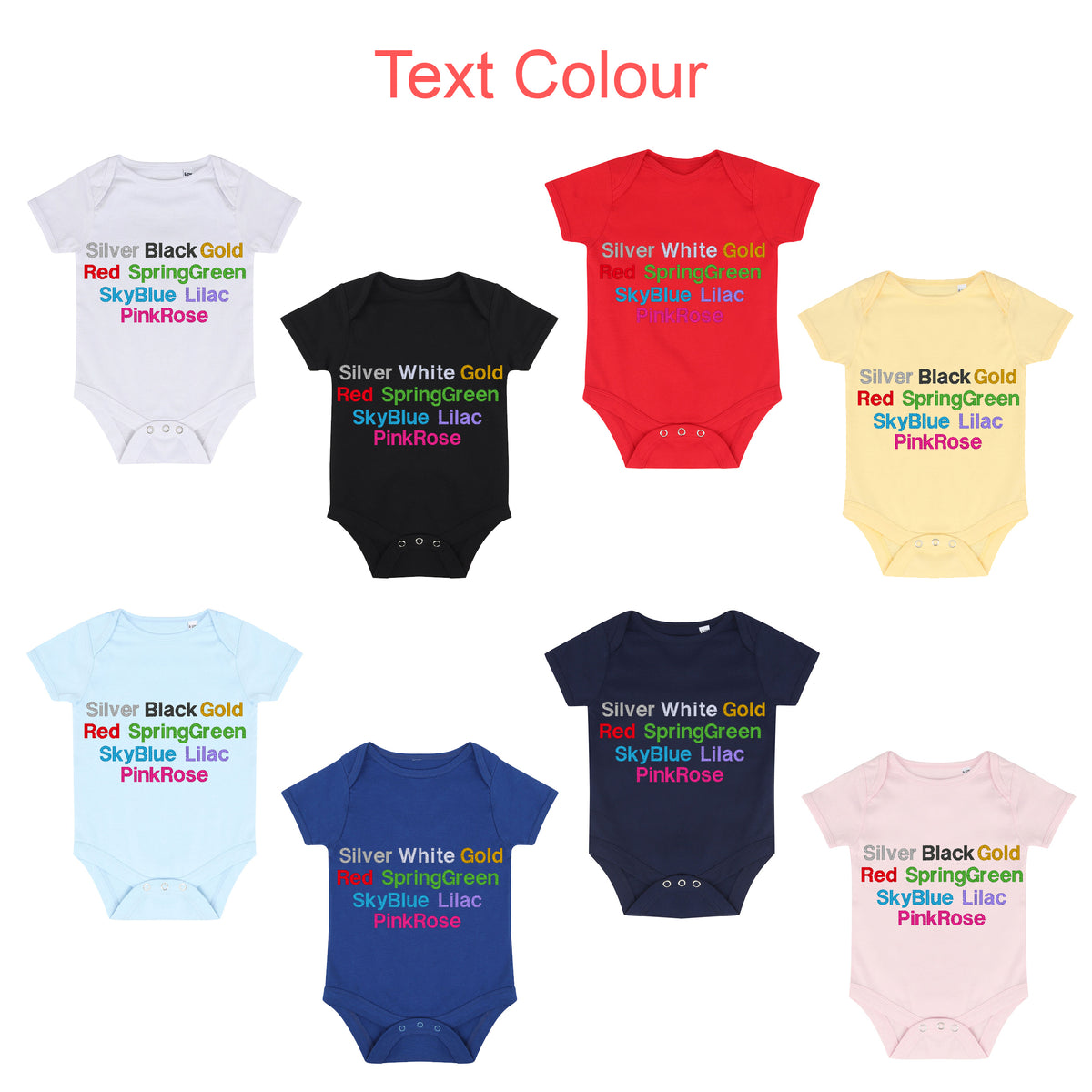 image of different text colour options on the bodysuits