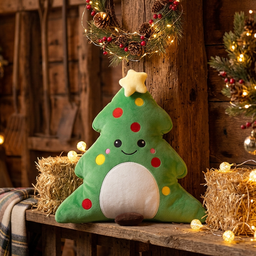 A green plush Christmas tree pillow with a white belly and colorful embroidered ornaments sits on a rustic wooden bench in a decorated holiday barn setting with warm string lights and wreaths.