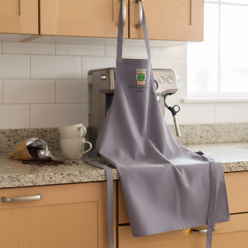 Gray apron with a coffee cup design hanging on a kitchen cabinet.