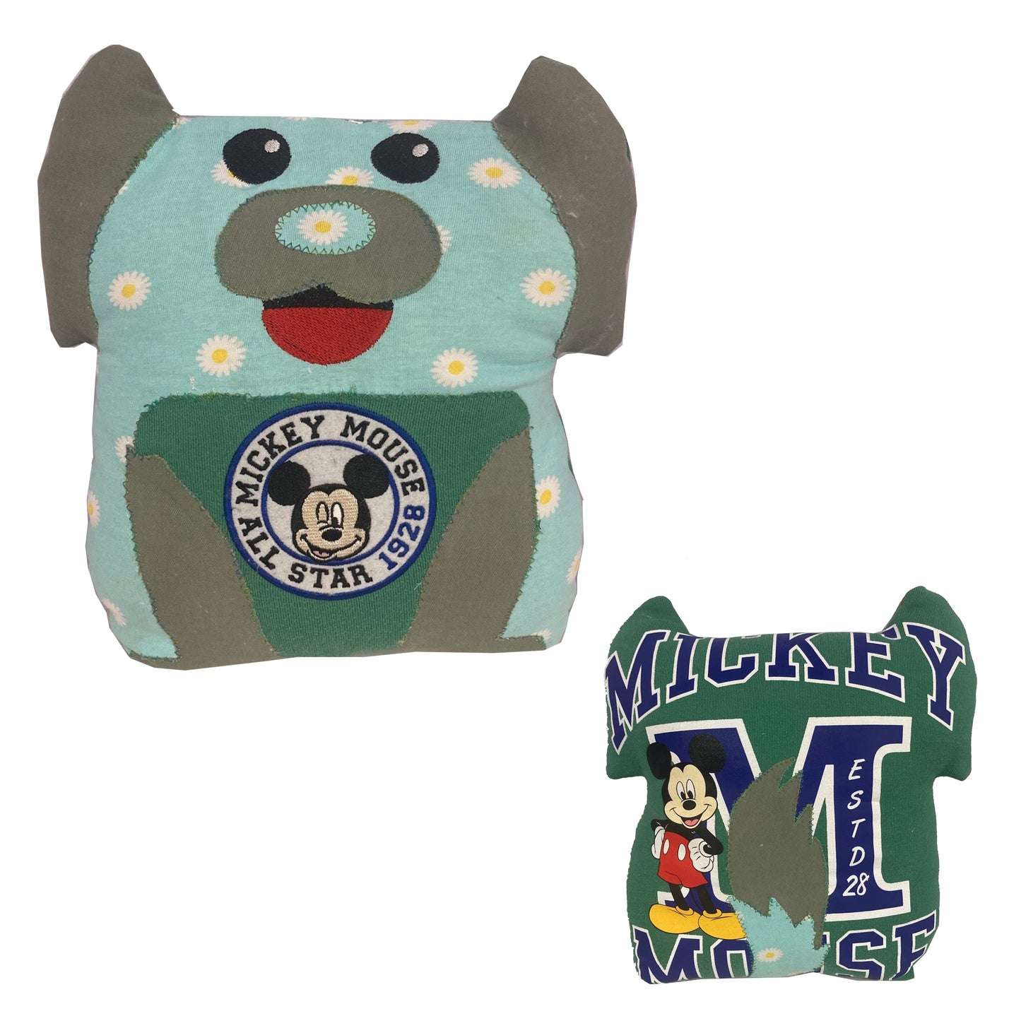 Handmade plush toy with Mickey Mouse design on a light blue background