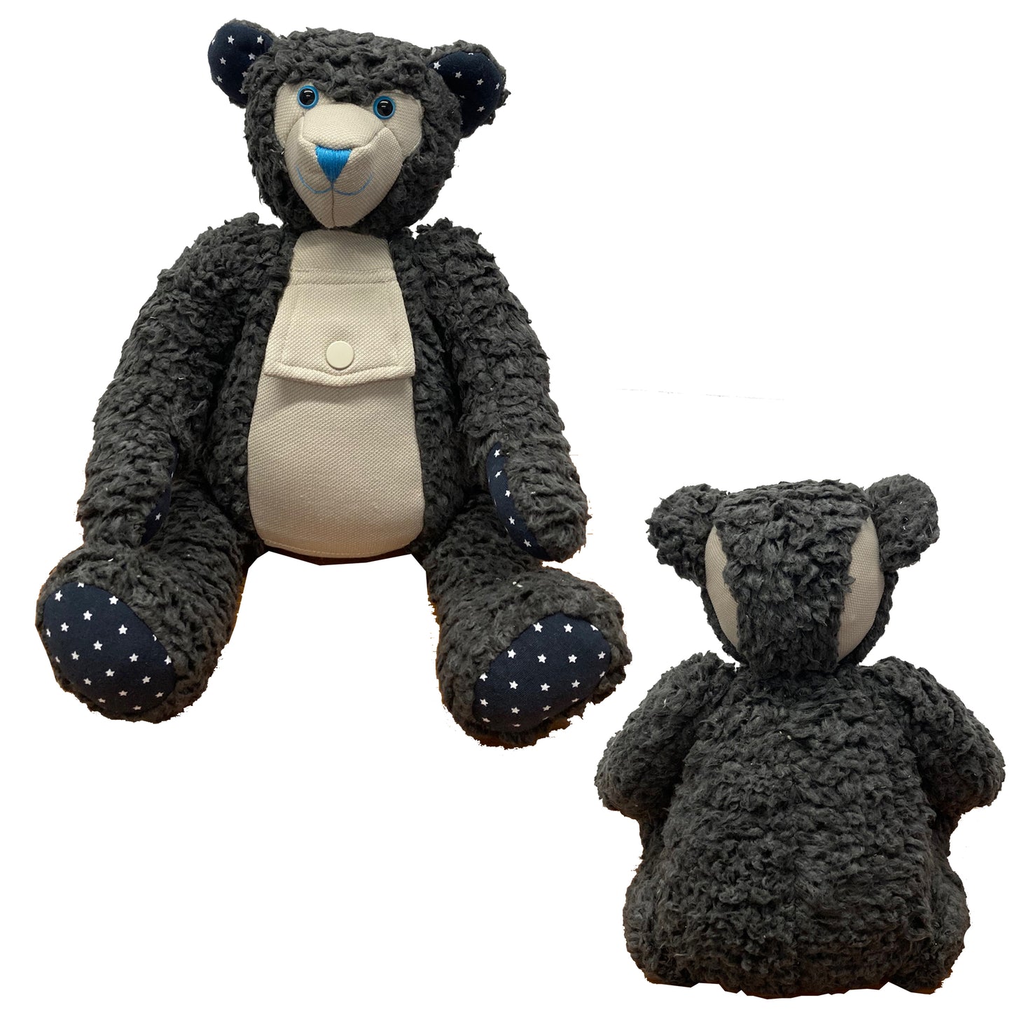 Plush bear toy with polka dot paws on a white background, handmade memory bear