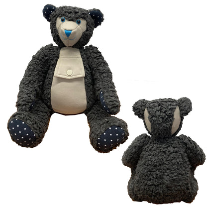 Plush bear toy with polka dot paws on a white background, handmade memory bear