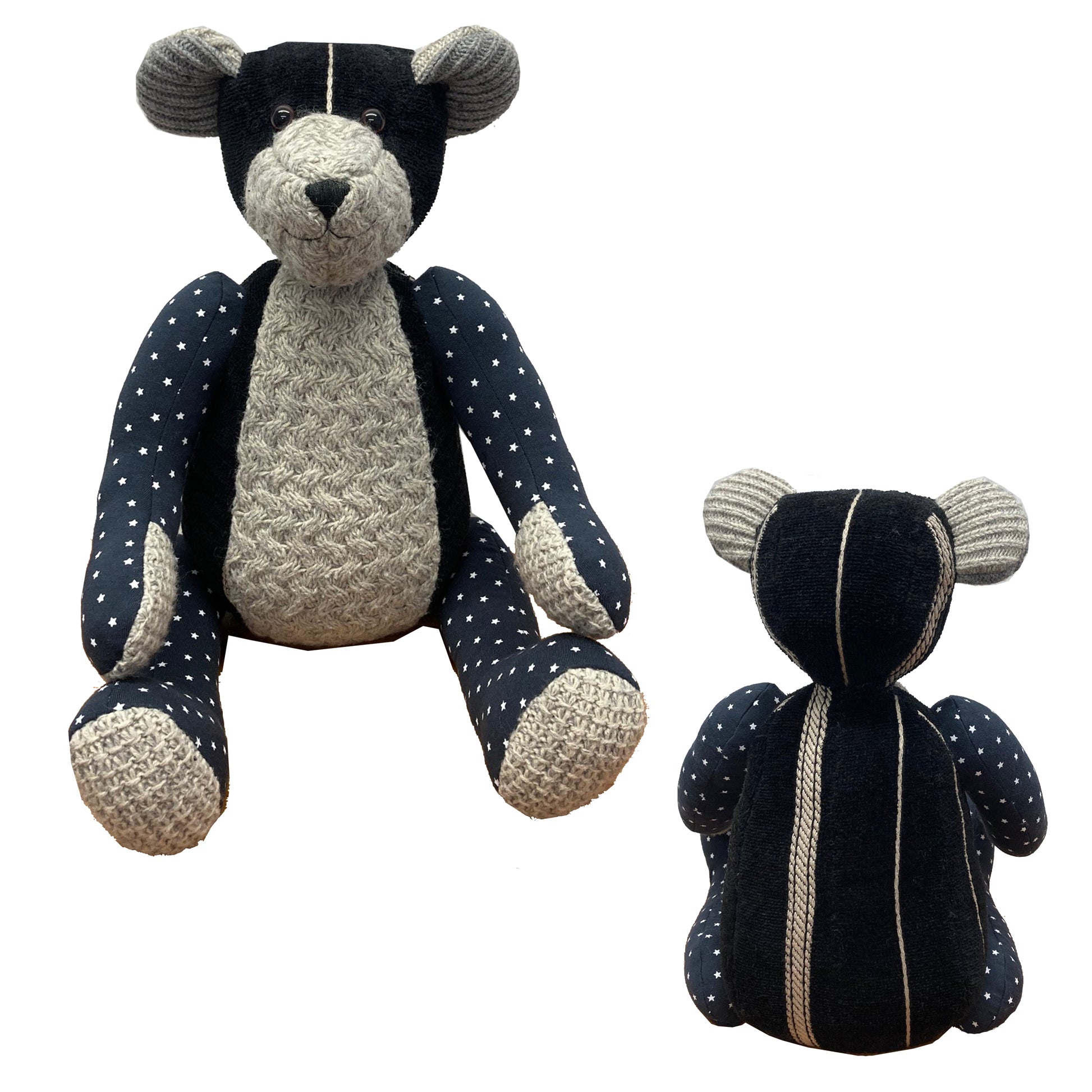 handmade memory teddy bear with black and white polka dot pattern on a white background