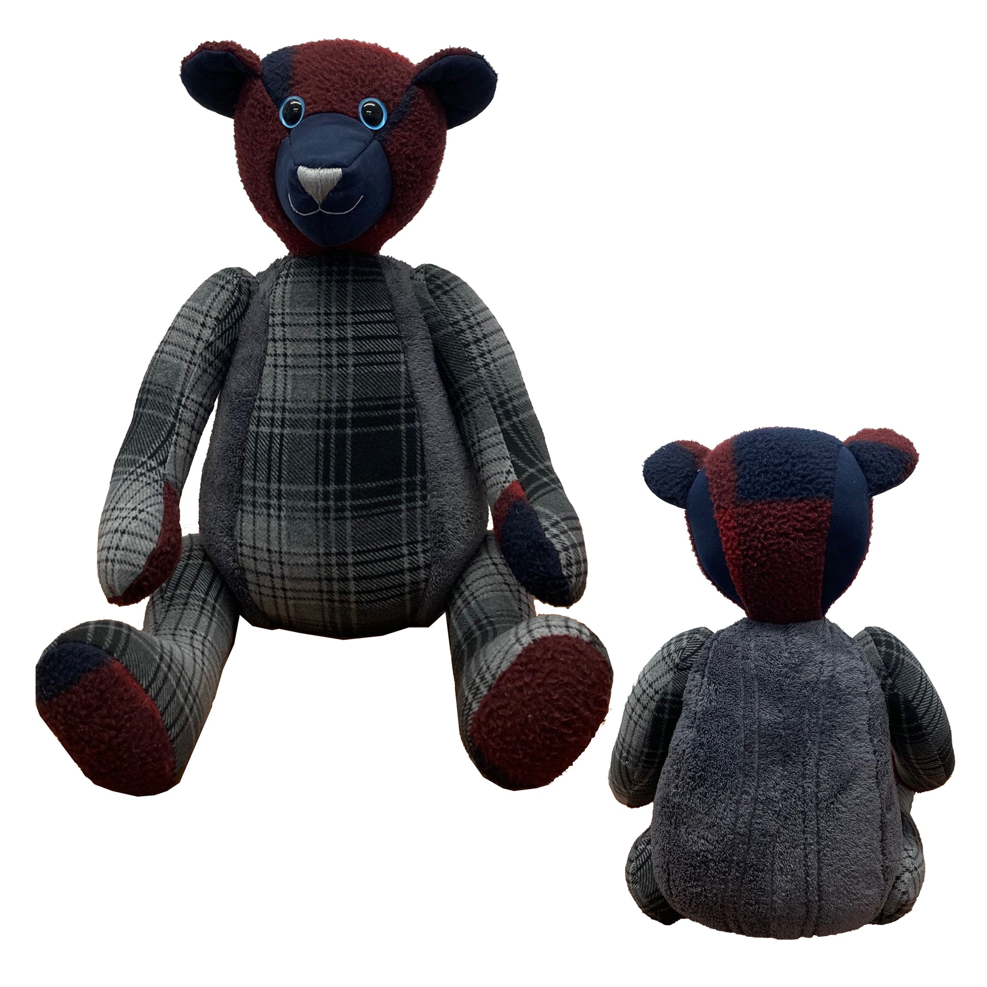 Plaid teddy bear with a checkered pattern on a white background. handmade memory bear