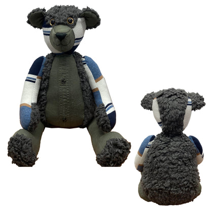 Stuffed animal toy with a striped sweater and fur trim, shown from front and back on a white background. handmade memory bear