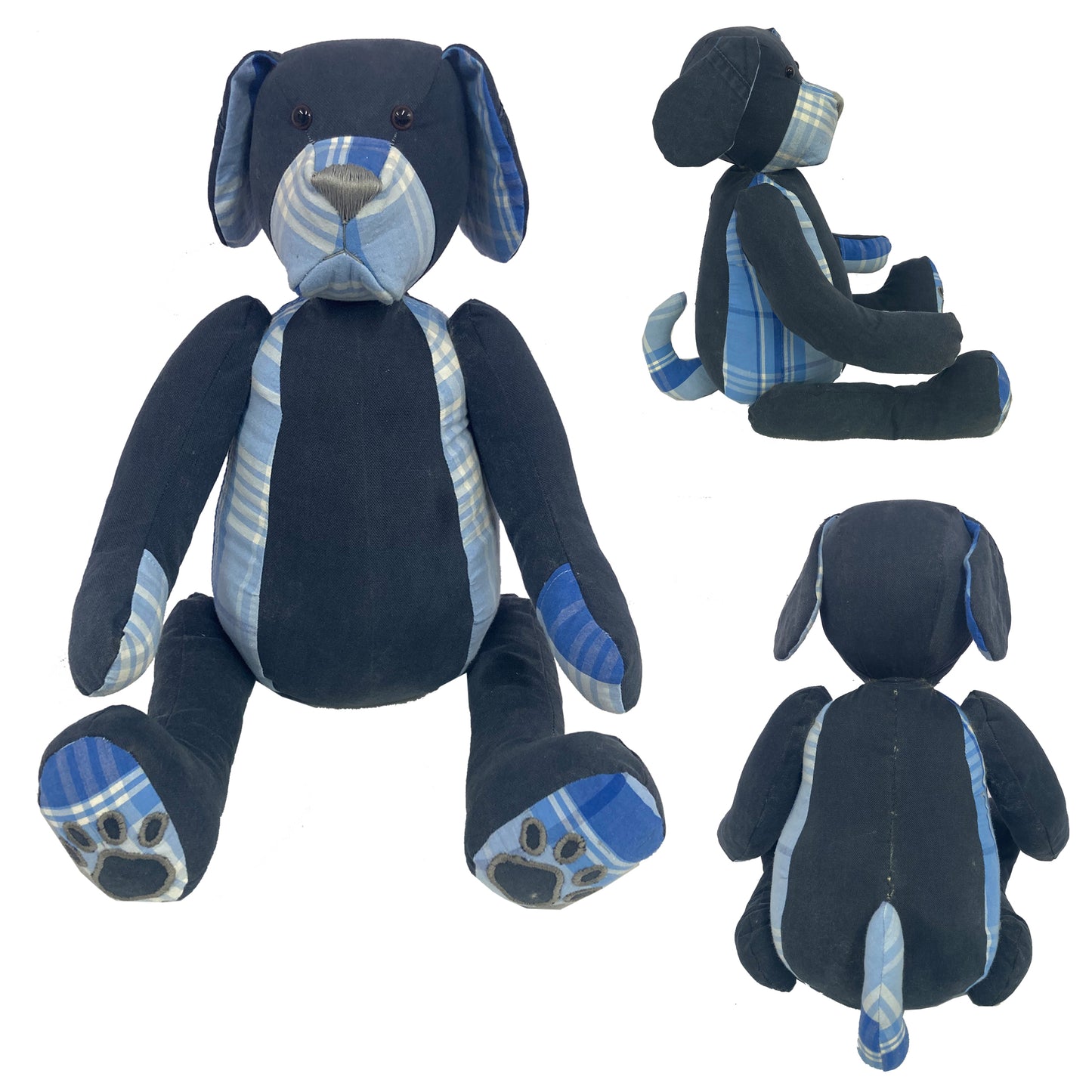 Blue and black plush dog toy with plaid pattern, handmade memory bear
