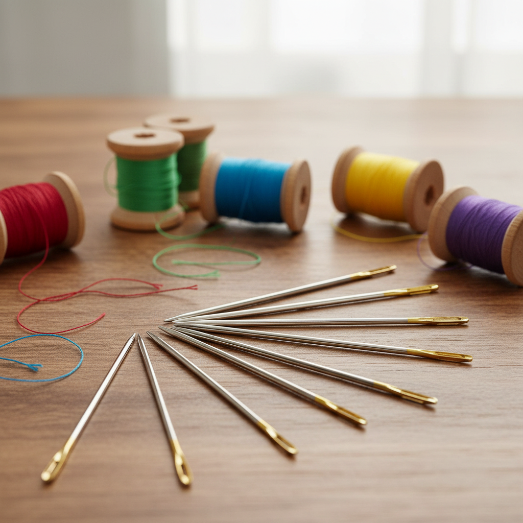 Needles on a desk with spools of cotton 

