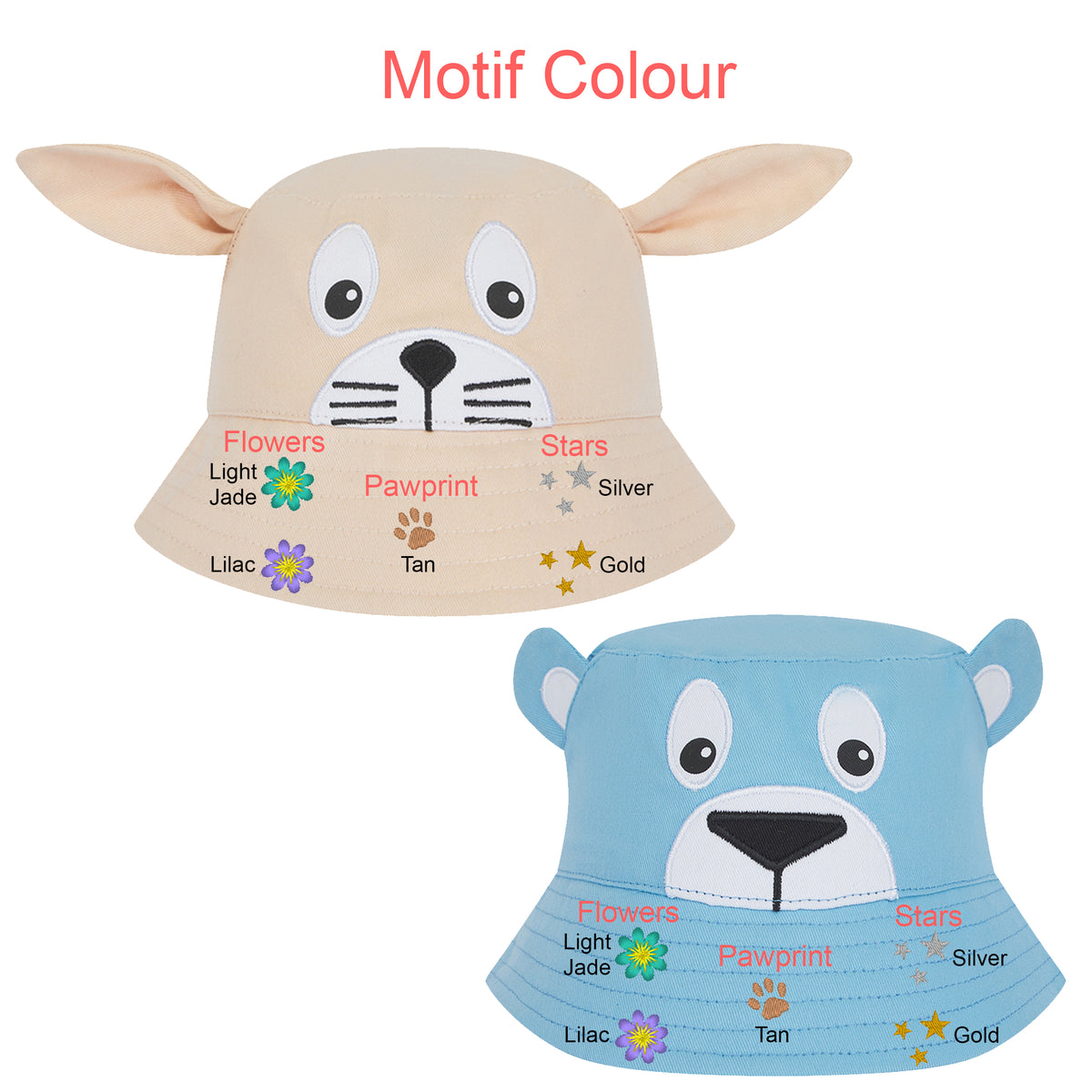 Two animal-face bucket hats on a white background, labeled 'Motif Colour.' The top hat is beige with a tan face and pink inner ears, and the bottom hat is light blue with a white face and gray inner ears.
