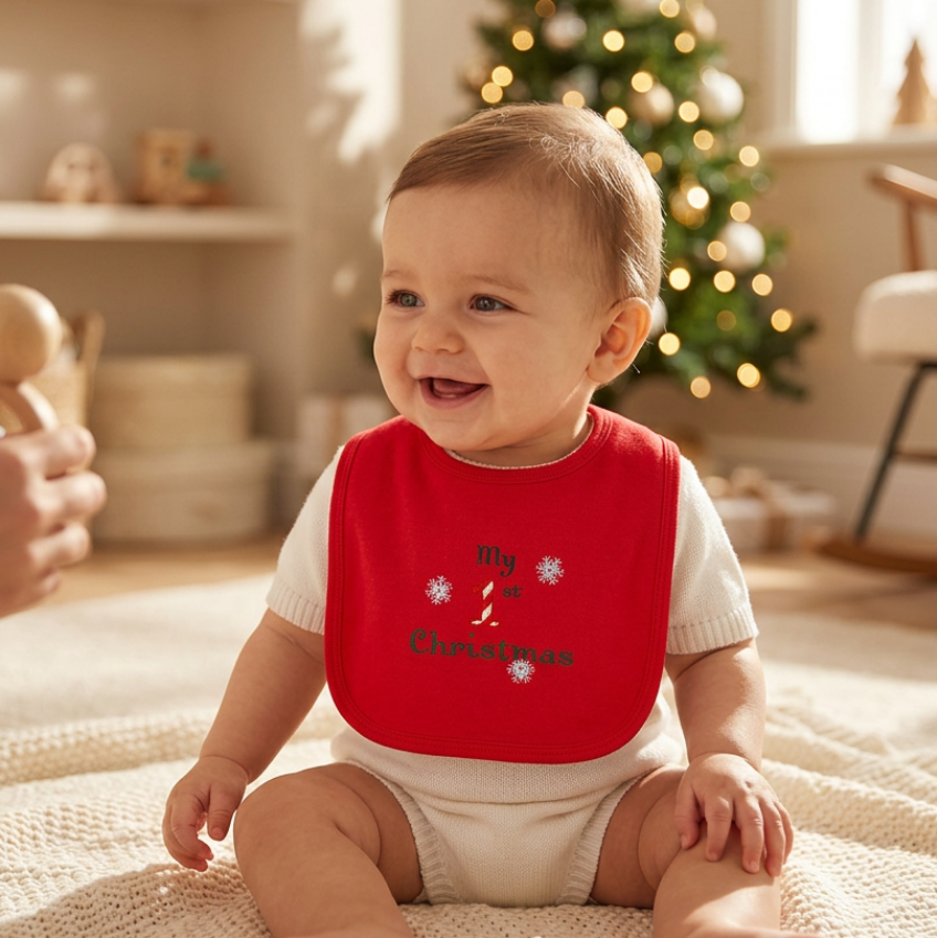 A baby sitting on a cream knit blanket in a warmly lit room, wearing a red bib with 'My Christmas' and snowflake graphics. A decorated Christmas tree and shelves are blurred in the background.