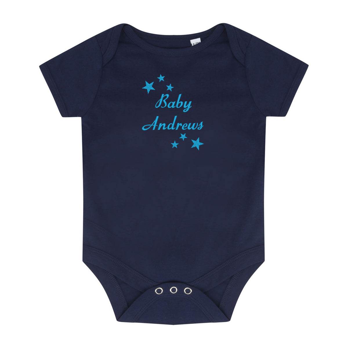 A navy blue short-sleeve baby bodysuit with 'Baby Andrews'embroidered in light blue script across the chest, surrounded by small light blue stars. The bodysuit has three silver metal snap closures at the crotch and is displayed flat against a solid white background.
